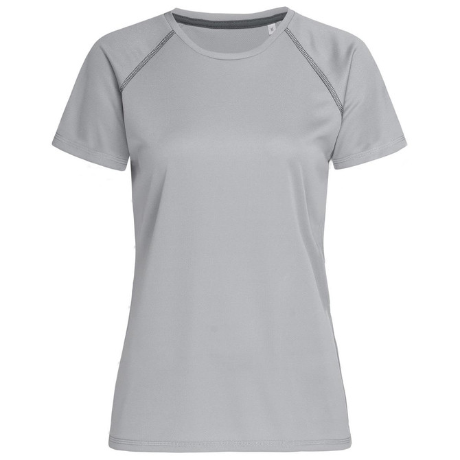 A light grey women's active t-shirt with raglan sleeves and seam detailing, featuring a logo.