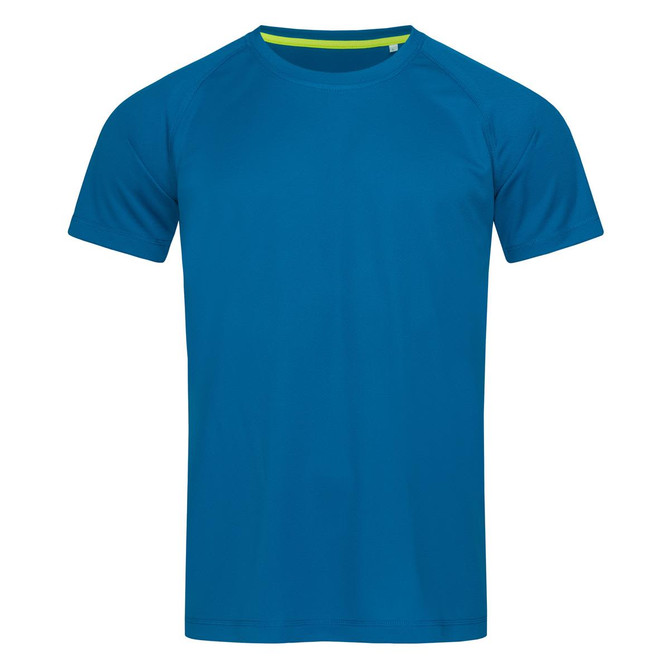 A blue men's active t-shirt with short raglan sleeves and a contrasting neckline, featuring a logo.