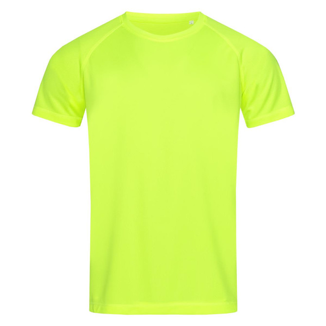 A bright yellow men's active T-shirt with short sleeves and a raglan design. It features a logo on the garment.
