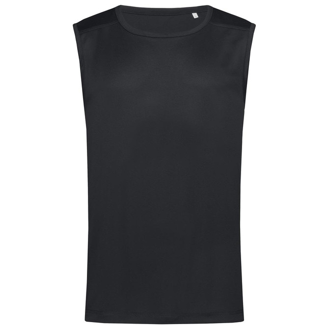 A black sleeveless active shirt with a smooth texture and no visible logos.