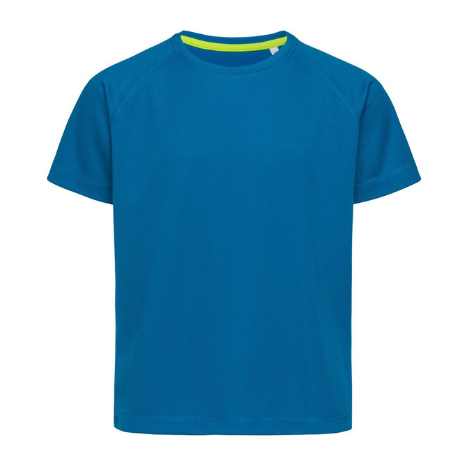A blue T-shirt with raglan sleeves and a contrasting neckline, featuring a logo on the front.