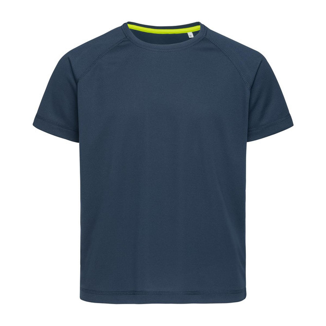A navy blue kids' t-shirt with raglan sleeves and a contrast neckline. It features a logo on the side.