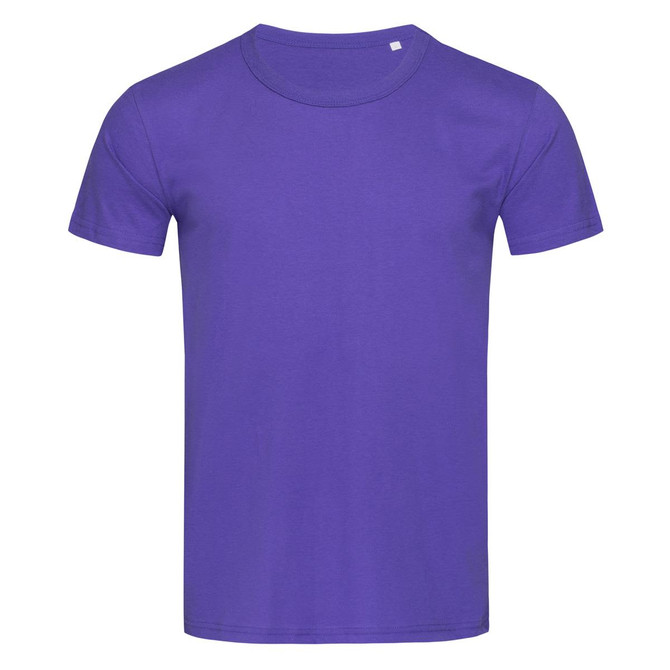 A purple crew neck t-shirt with short sleeves and a small logo on the upper side.