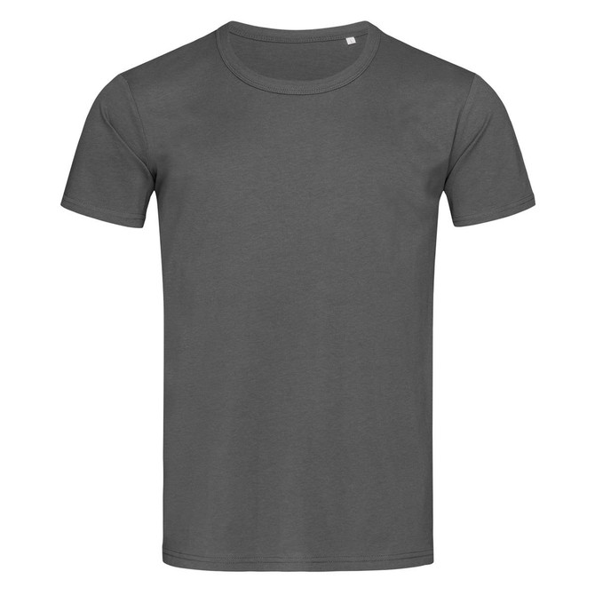 A grey crew neck t-shirt with short sleeves and a small logo on the upper side.