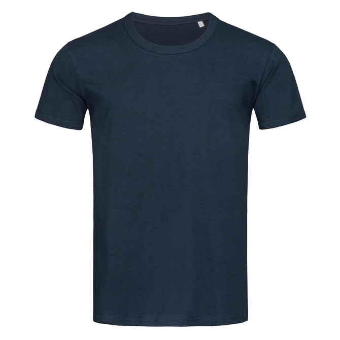 A navy blue crew neck t-shirt with short sleeves and a plain design. It features a logo on the tag.