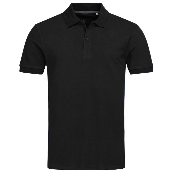 A black short-sleeve polo shirt featuring a collar and three buttons, with a logo on the chest.