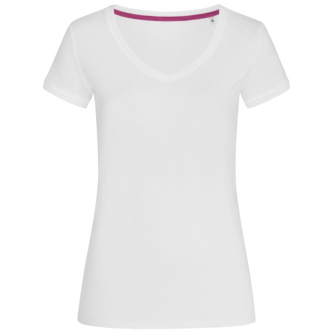 A white women's t-shirt featuring a V-neck design and short sleeves, with a hint of purple detail inside the neckline.