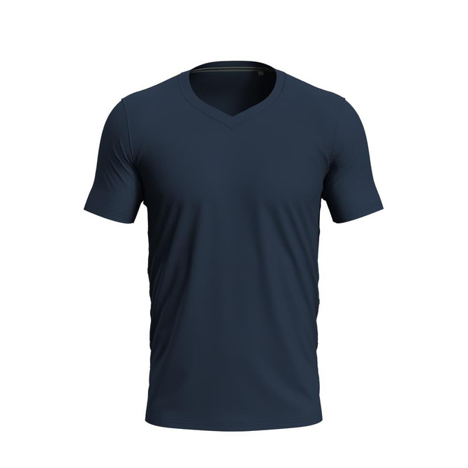 A navy blue V-neck men's T-shirt with short sleeves and a fitted design. It features a brand logo.