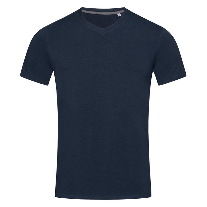 A navy blue men's V-neck T-shirt featuring short sleeves and a simple design. It includes a logo.