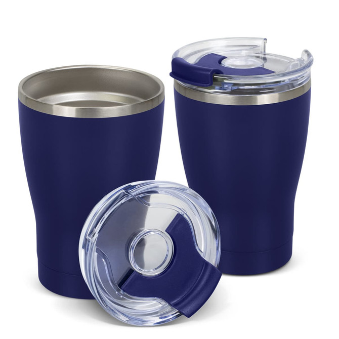 A drink bottle set featuring two deep blue vacuum cups with stainless steel inside and transparent lids.