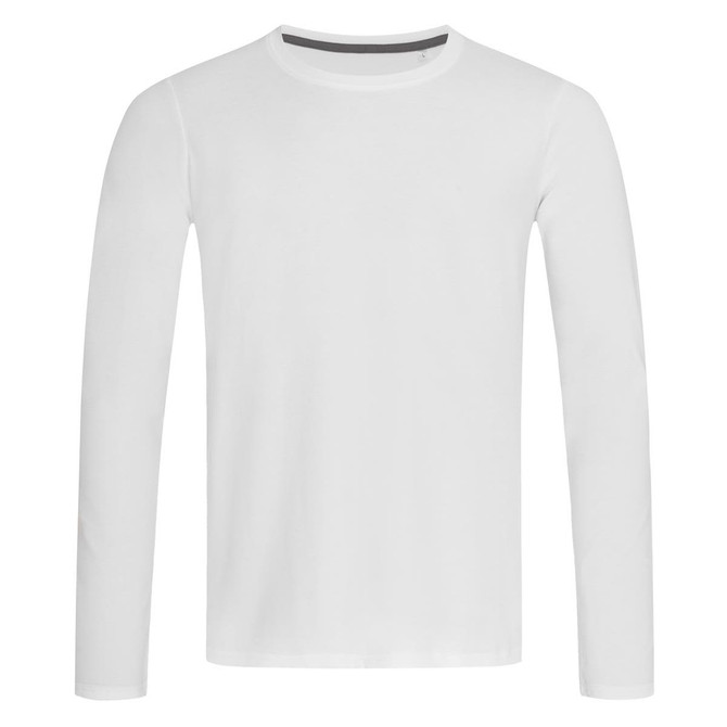 A white long sleeve t-shirt with a round neckline and a subtle branding logo at the collar.