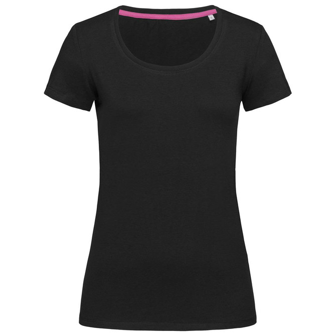 A black women's crew neck t-shirt featuring a rounded neckline and short sleeves. It has a logo on the garment.