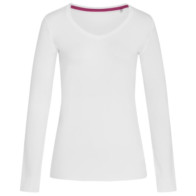 A women's long sleeve V-neck shirt in white with a contrasting inner neckline. Features a logo.