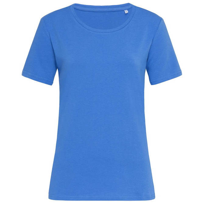 A blue women's crew neck t-shirt with short sleeves and no visible logos or branding.