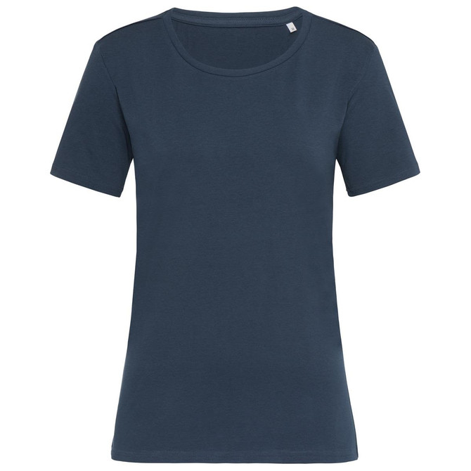 A women's crew neck t-shirt in dark blue, featuring short sleeves and a simple design with a logo.