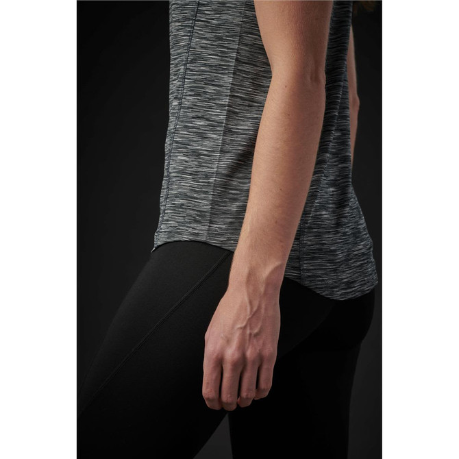 A close-up of a women's black and grey striped Pacifica tee, featuring a sleek design and a branded logo.