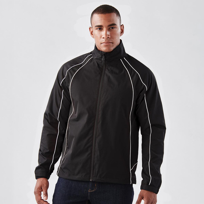 A black men's track jacket with white piping details, featuring a zip front and a logo.
