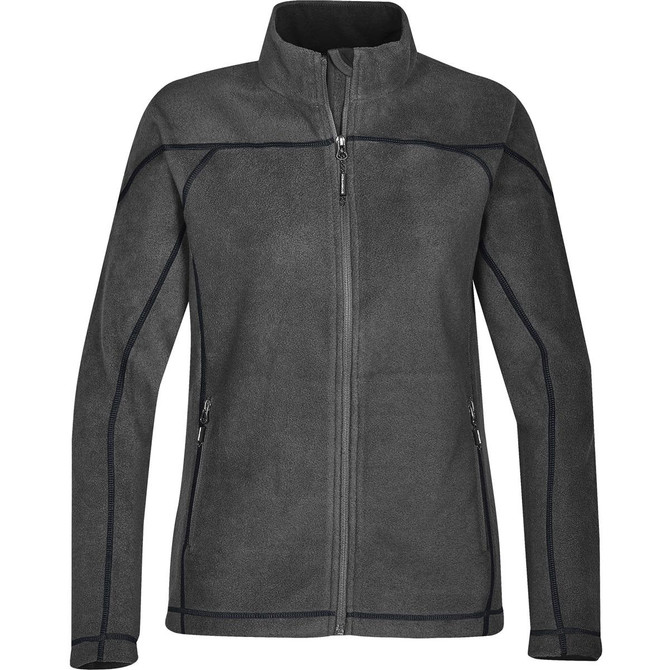 A grey women's fleece jacket with a zip front, featuring contrasting black seams and pockets, and includes a logo.