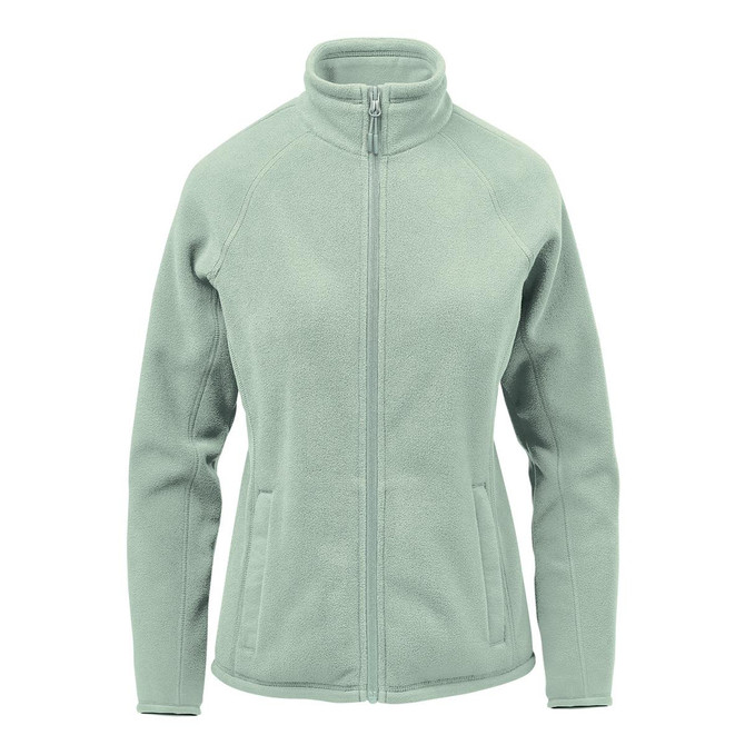 A women's polar fleece jacket in light green, featuring a zip front and side pockets, with a logo present.