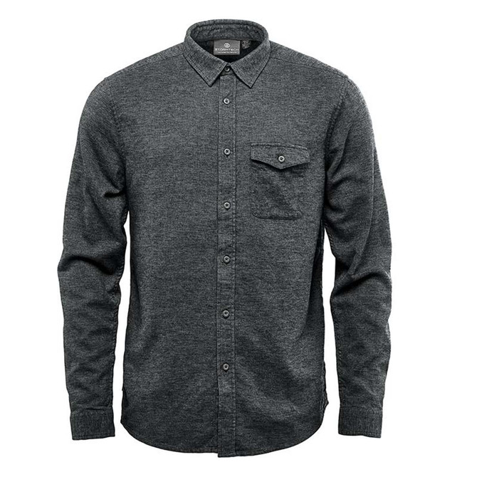 A dark green long sleeve twill shirt with a button-up design and a chest pocket. It features a logo on the collar.