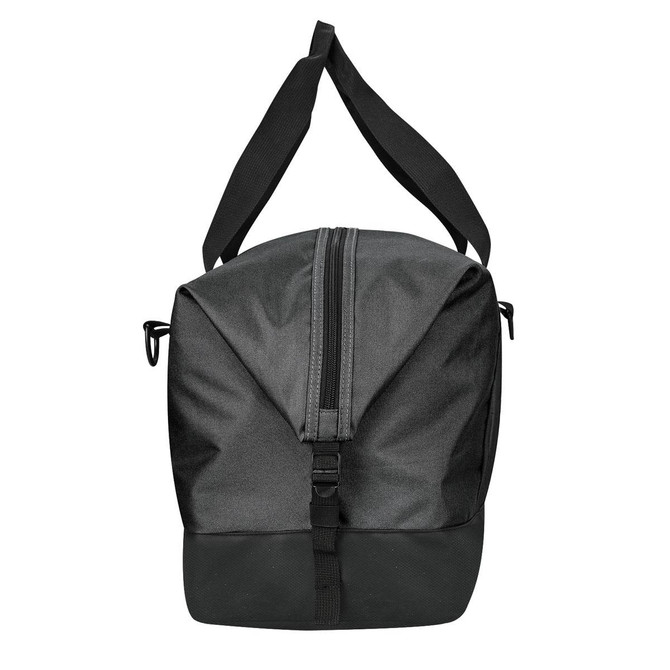A black duffle bag with a zip closure and two adjustable shoulder straps, featuring a logo.