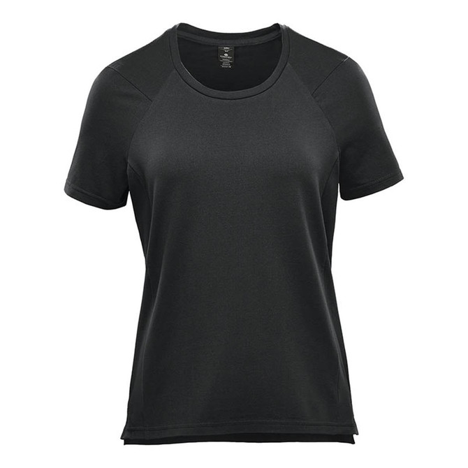 A black women's short sleeve performance tee with a round neckline and raglan sleeves. It has a logo on it.