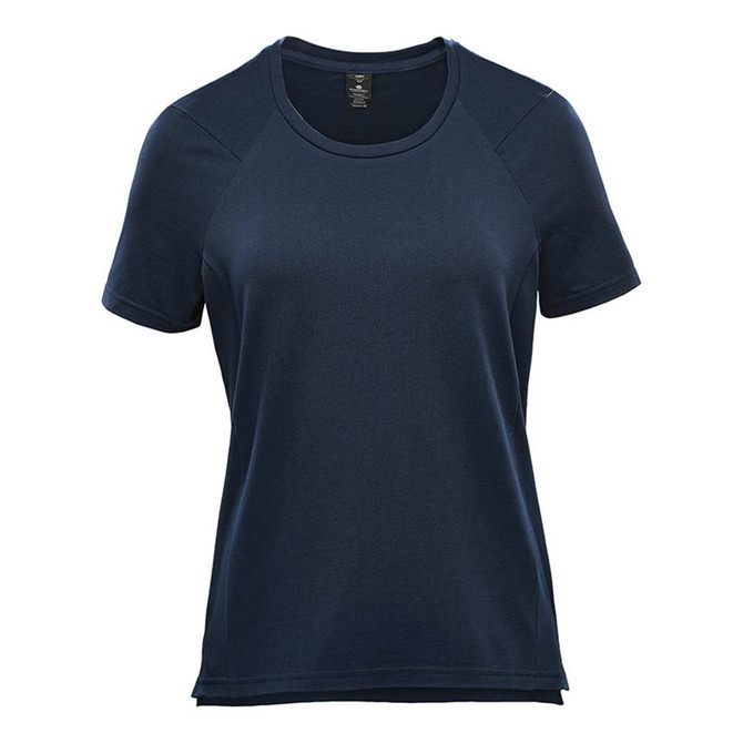 A women's short sleeve tee in navy blue, featuring a round neckline and a logo on the fabric.