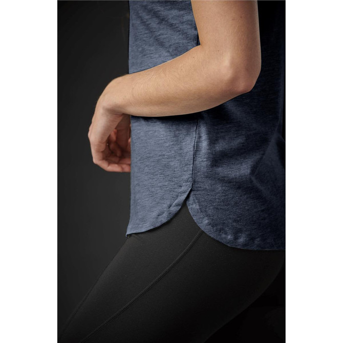 A navy blue women's crew neck tee, featuring a side split hem, shown on a model's upper body.