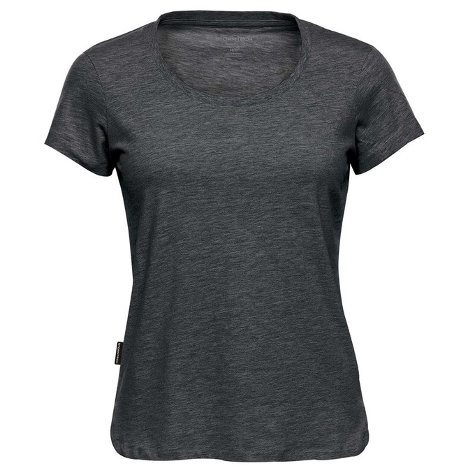 A dark grey women's crew neck t-shirt with short sleeves and a subtle logo on the side.