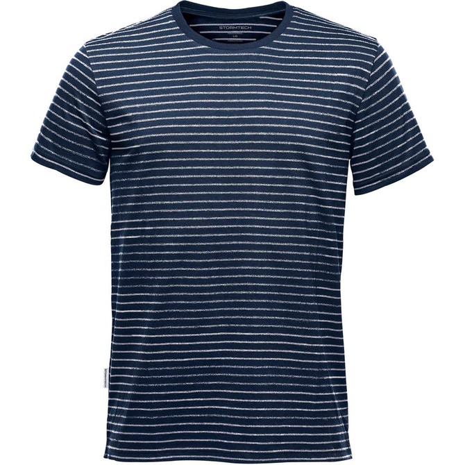 A navy blue striped crew neck t-shirt with a logo on the side. Short sleeves and a casual fit.