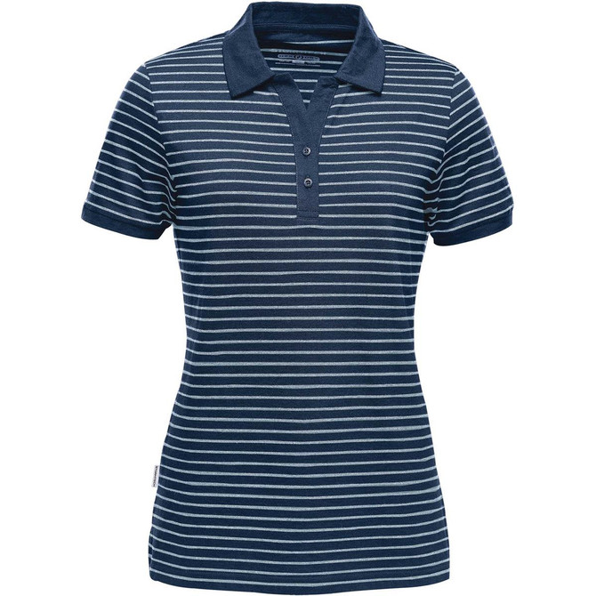 A navy and grey striped women's polo shirt with a collared neckline and branding on the side.