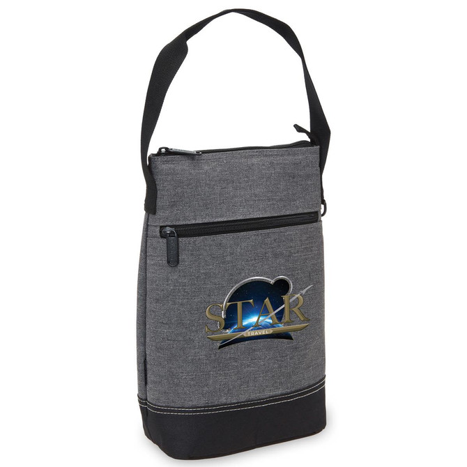 A drink bottle cooler in grey, featuring a front pocket and an adjustable strap. It has a logo on the front.