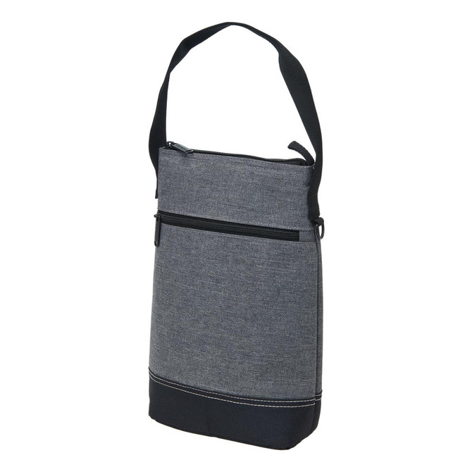 A drink bottle cooler in grey fabric with a black bottom and a shoulder strap. Features a zippered closure and a branding logo.