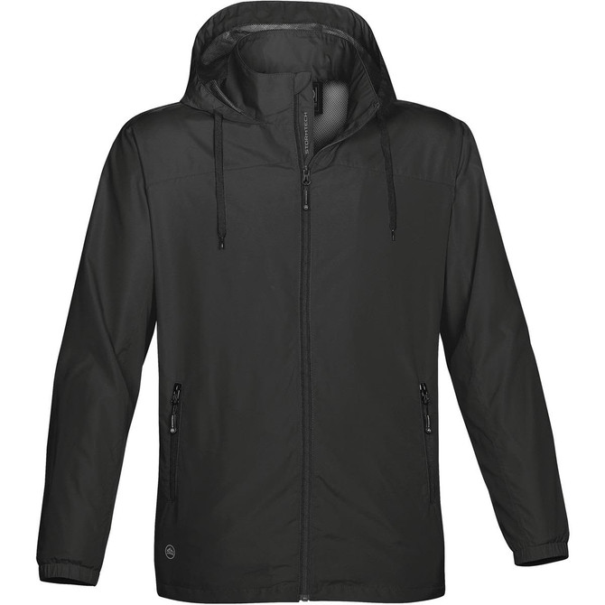 A black rain jacket with a hood, featuring zippered pockets and an interior lining. It has a branding logo.