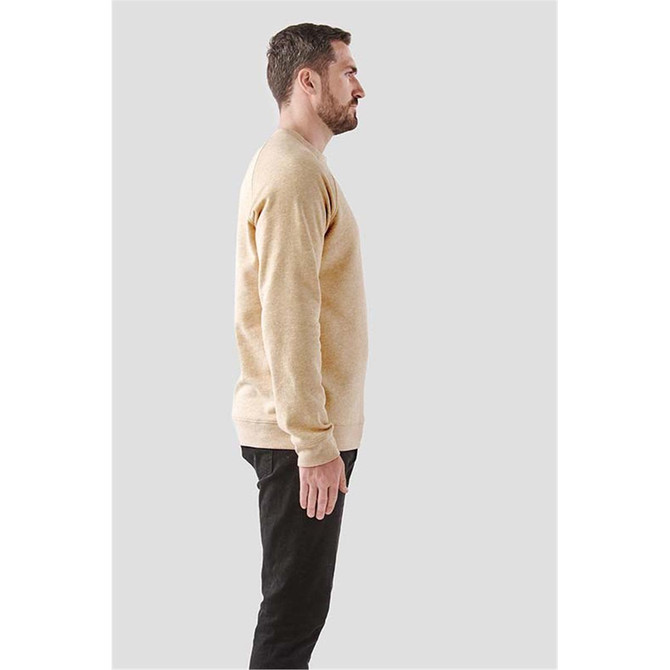 A beige men's crew neck fleece sweater displayed on a male model, shown from the side. It features a logo.
