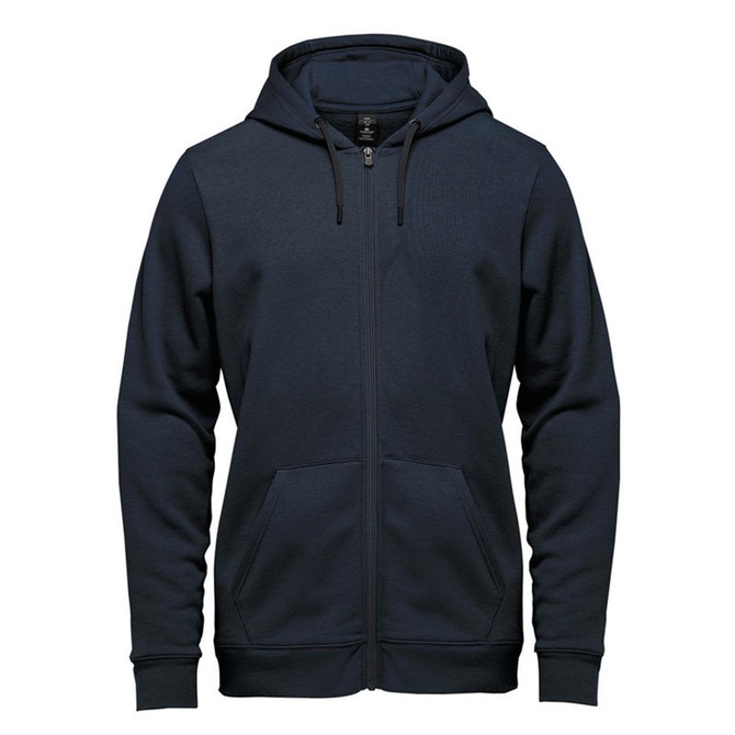 A navy fleece full zip hoody featuring a hood and kangaroo pockets, with a logo on the front.