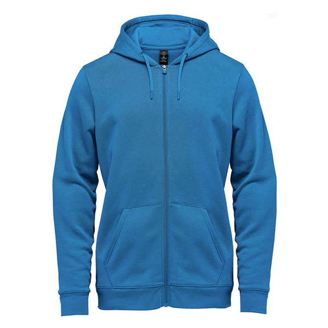A blue men's fleece full zip hoody featuring a hood and front pockets, with a logo on the upper front.
