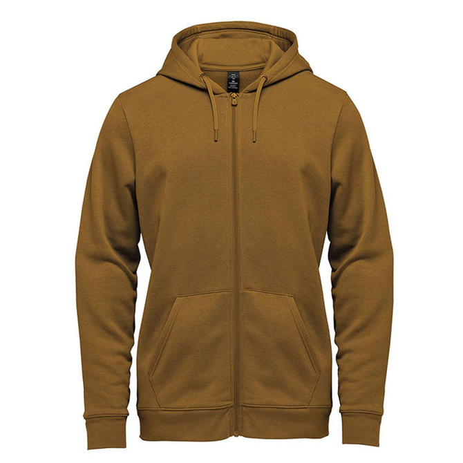 A men's full zip hoody in a warm tan colour with a hood and front pockets. Features a logo on the chest.