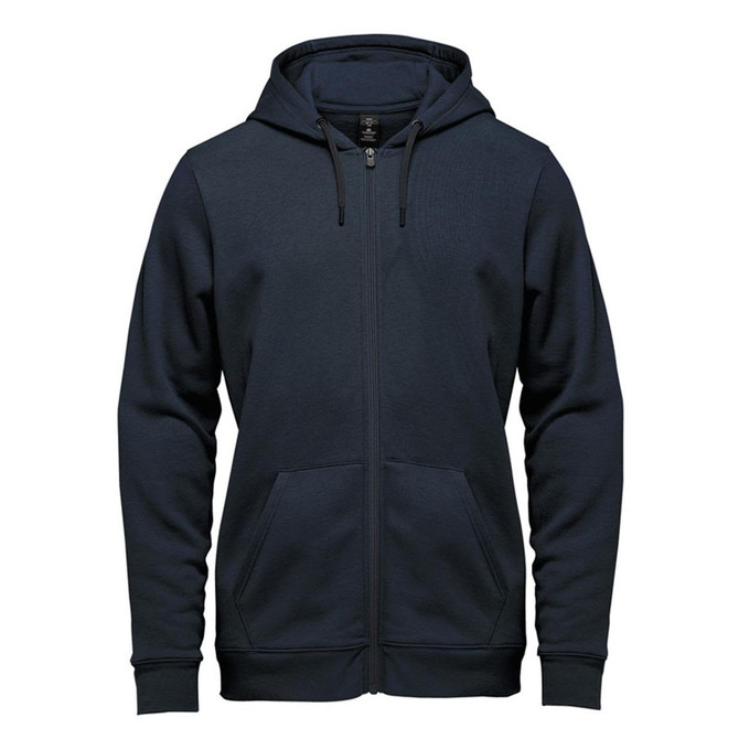 A navy full zip hoodie featuring a hood, kangaroo pockets, and a logo on the front.