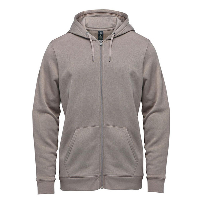 A full zip hoody in a muted beige colour featuring a hood and front pockets, with a logo on the chest.