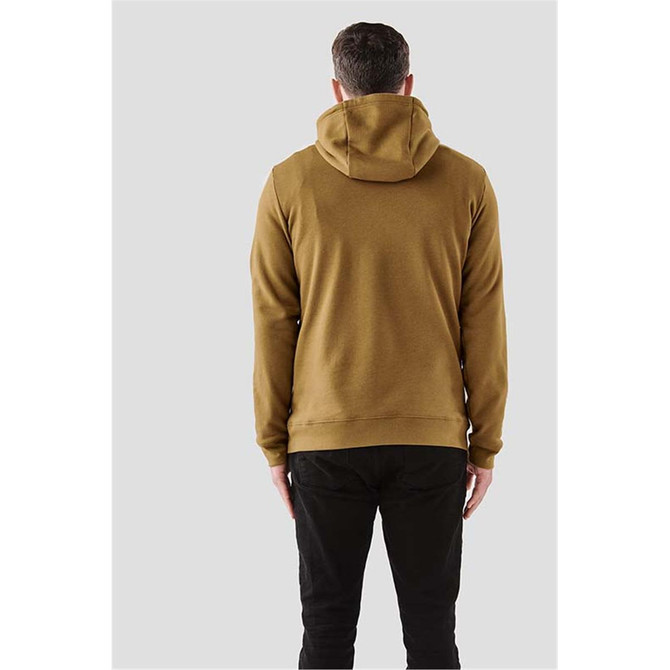 A men's brown fleece pullover hoody with a hood and long sleeves, featuring a logo on the back.