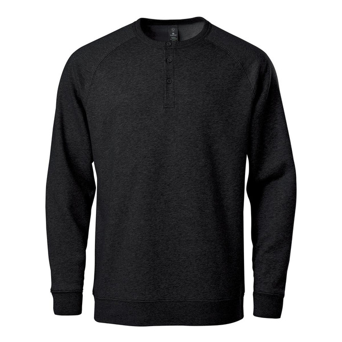 A black men's henley sweatshirt with a crew neck and button detail, featuring long raglan sleeves and a logo.
