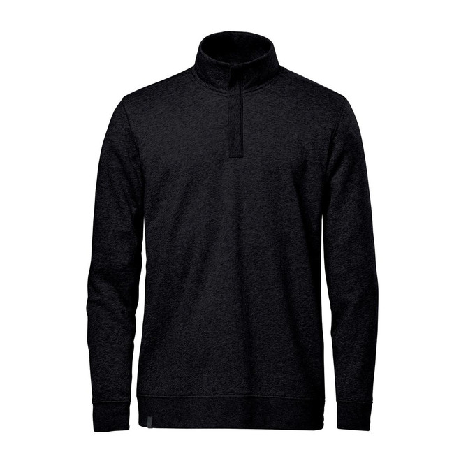 A black men's quarter zip pullover with long sleeves and a high collar, featuring a logo.