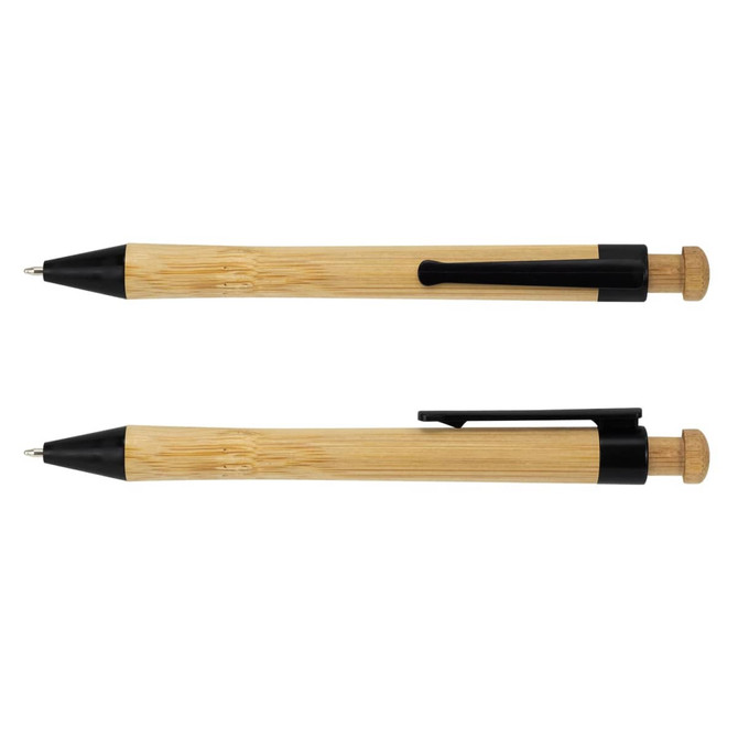 A bamboo pen with black accents, featuring a clip and a rounded top. It has a natural wood texture.