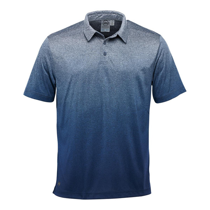 A men's polo shirt in a gradient of dark blue to lighter blue hues, featuring a collar and logo.
