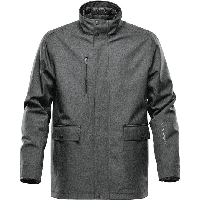 A grey men's jacket with a high collar, featuring a front zip pocket and two front flaps. It has a logo.