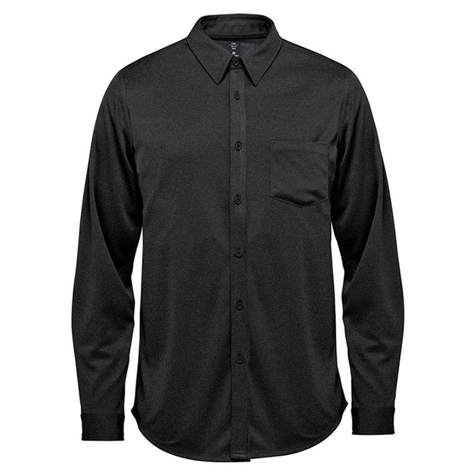 A black long sleeve button-up shirt with a chest pocket and a collar. It has a logo on the label.