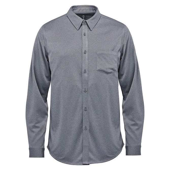 A grey long sleeve button-up shirt with a chest pocket and a collar. The shirt features a logo.