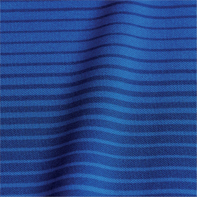 A textured fabric featuring horizontal stripes in various shades of blue, ideal for a women's polo shirt.