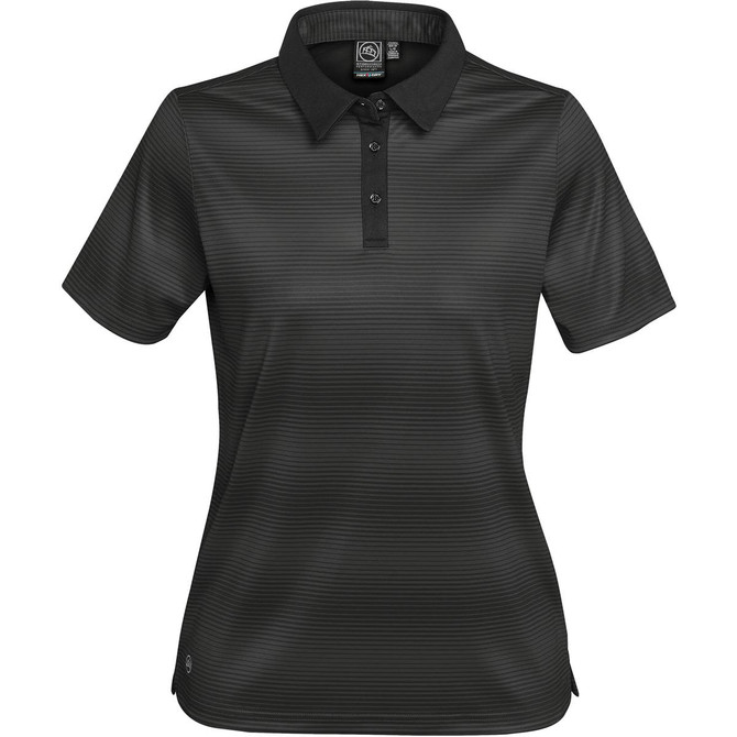 A women's short-sleeve polo shirt in black with a subtle striped pattern and a collar, featuring branding.